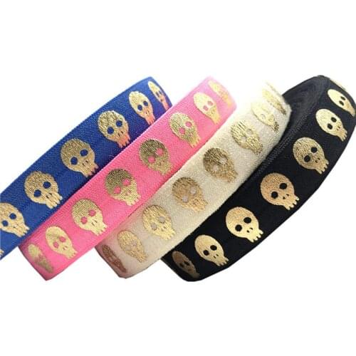 Halloween 16mm Gold &Silver Foil Skull Print Fold Over Elastic Ribbon DIY Party gift decoration Sewing Accessories 10yard