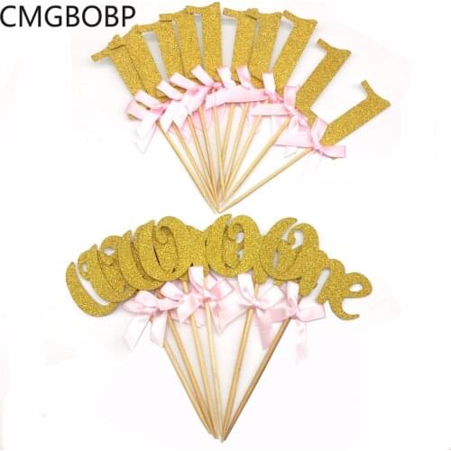 6/10pcs Glitter Paper 1st Cupcake Toppers Happy Birthday Decoration First Birthday Boy Girl Cake Decoration Baby Shower Party