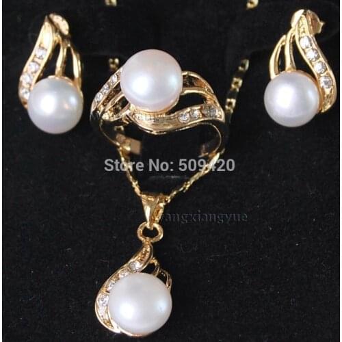 Free Shipping>>>Genuine White Akoya Cultured Pearl ring earrings Necklace Pendant Set AAA