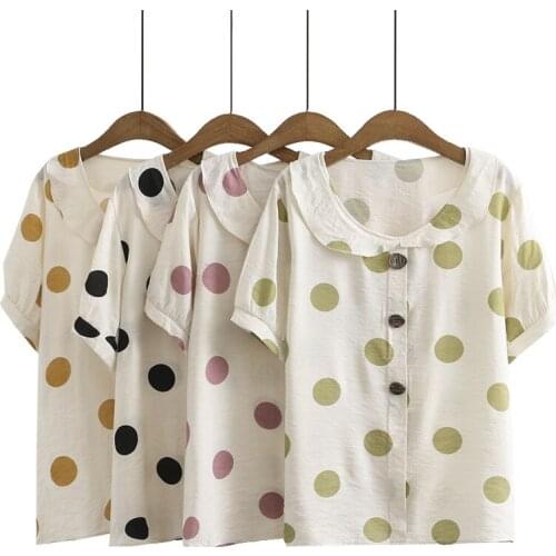 Large-size Womens Blouses 2021 Summer New Chiffon Polka-dot Short-sleeved Shirt Slim and Age-reducing Doll Shirts for Women