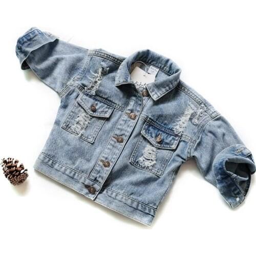 Spring Autumn Kids Jacket For Girls Ripped Holes Children Jeans Coats Boys Girls Demin Outerwear Costume 24M-7Y