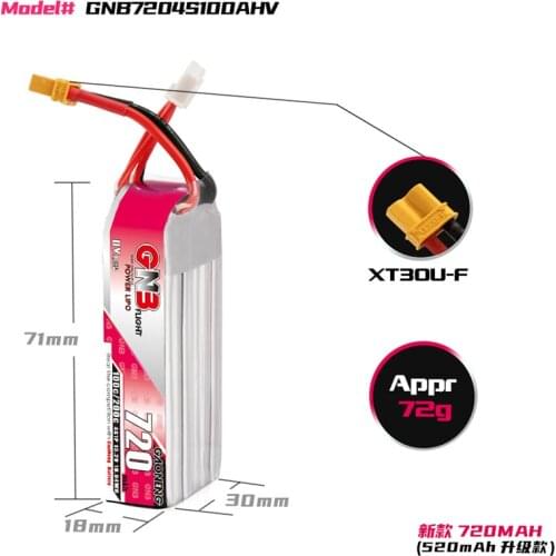 GNB 720mAh 4S 100C 15.2V HV XT30 Plug Lipo Battery Connector for RC FPV Racing Drone Tinywhoop Frame Kit Tinywhoop Spare Parts