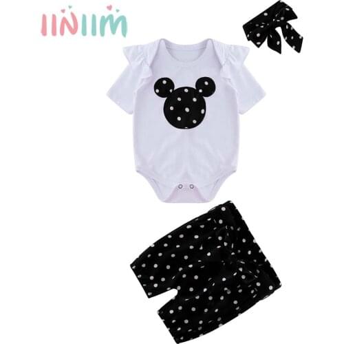 Newborn Baby Girls Romper Infant Clothes Set Short Sleeve Cartoon Jumpsuit Top Dot Pants Headband 3Pcs Outfit for Toddler