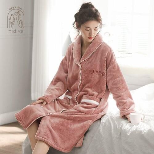 Coral Fleece Pajamas Nightgown Women Winter Long-Sleeved Flannel Lapel Simple Casual Loungewear Warm Night Robe Nightgown