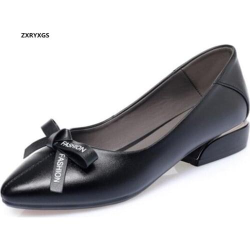 Best Sale Top Cowhide Bow Fashionable Shoes Woman Comfort Low Heel Shoes 2020 New Spring Leather Shoes Large Size 43 Tide Shoes