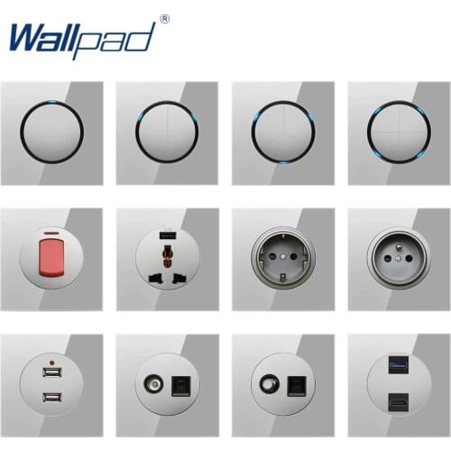 Wallpad Random Click Push Button Wall Light Switch With LED Indicator Socket Grey Tempered Glass Panel For Home
