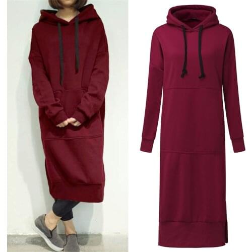 2021 Autumn Solid Sweatshirt Dress ZANZEA Winter Hooded Pullover Women Long Sleeve Split Fleece Party Long Vestido