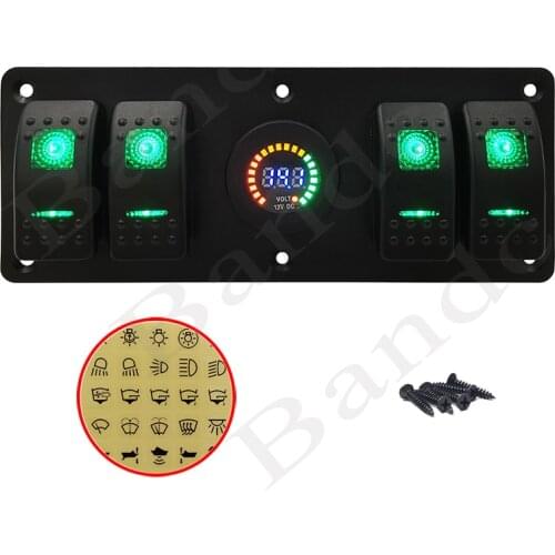 Car Boat Dash Rocker Switch Panel with Digital Voltmeter 4 Illuminated Led Light Toggle Switch, 100 Car Stickers, Waterproof