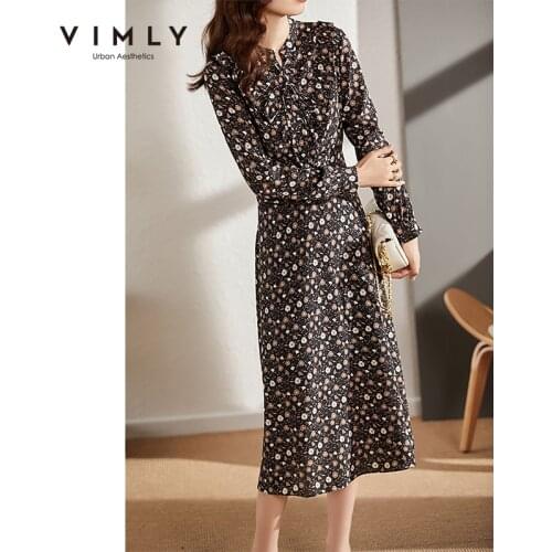 VIMLY French Floral Dress for Women 2021 Autumn France Long Sleeve Lace Up Slim Elegant Midi Dresses Female Vestido F8775