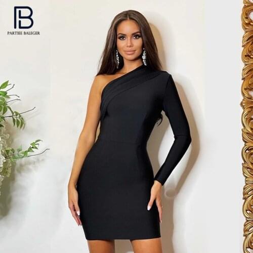 PB Stylish Draped Design Mini Dress Sexy Diagonal Collar One Shoulder Long Sleeve Celebrity Party Club Bandage Vestido