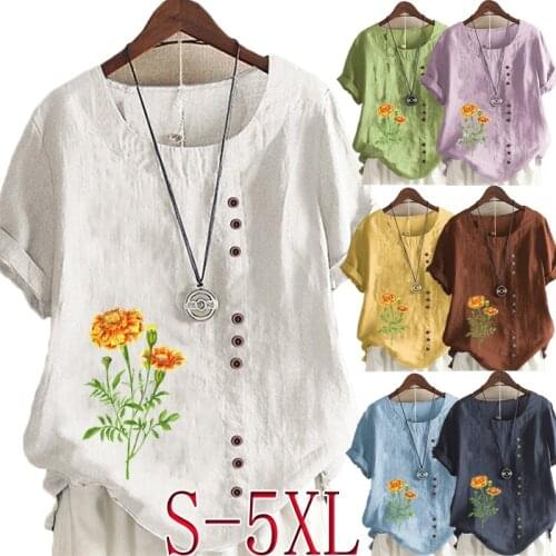 Womens Summer Fashion Printing Short-sleeved Round Neck Shirt Ladies Cotton and Linen Button Top Loose T-shirt S-5XL