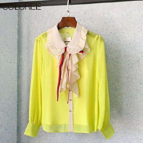 Runway Tops Mujer 2021 Spring Fashion Ruffles Long Sleeve Chiffon Blouses Womens Yellow Shirt Female
