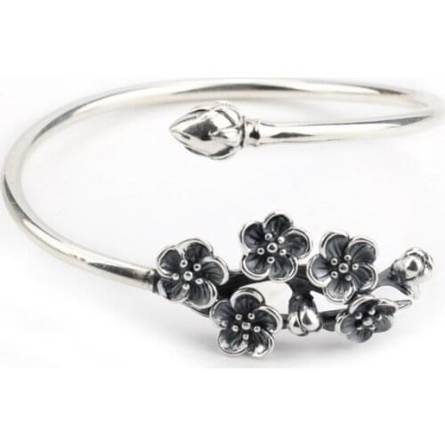 Vintage 925 Sterling Silver Cuff Bangle Silver Plum blossom Design Wrist Bangle European Style For Women Fashion Jewelry