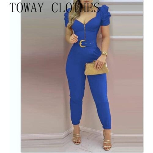 Summer Women V-Neck Short Sleeve Plain Puffed Sleeve Jumpsuit With Belt Skinny Casual Playsuit