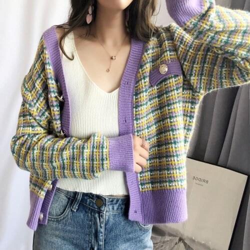 Urifens Plaid Knitted Sweater Womens Jacket 2021 New Single-breasted Western Style Contrast Striped Versatile Sweater CYQ0374