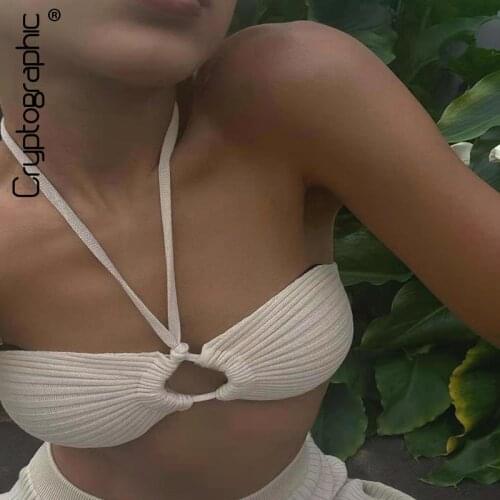Cryptographic Knitted Halter Sexy Backless Crop Tops for Women Cut-Out Sleeveless Summer Top Cropped Club Holiday Fashion Outfit