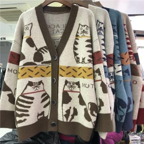 2021 Autumn And Winter Fashion New Womens Knit Sweater Cartoon Cat lazy Jacquard Loose Sweater V-neck Cardigan Jacket Women Y2K