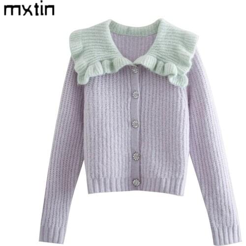 2021 Women Winter Vintage Purple Patchwork Cardigan Knitted Sweater Fashion Ruffled Collar Long Sleeve Solid Female Casual Tops