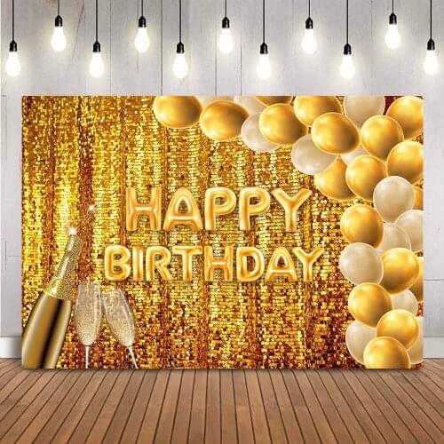 Gold Birthday Backdrop Glitter Curtraint Happy Birthday Party Balloons Adult Theme Womens Birthday Photo Background Studio Prop