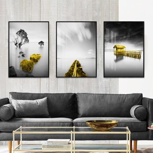No frame Nordic style Black and white yellow Mountain lake canvas print poster for living room home decor wall painting