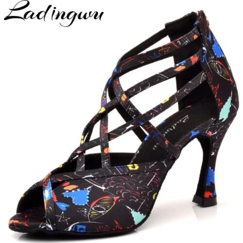 Ladingwu Salsa Dance Shoes Woman Girls Roman boots Latin Dance Shoes Soft Bottom New Modern Floral Satin Ballroom Dance Shoes
