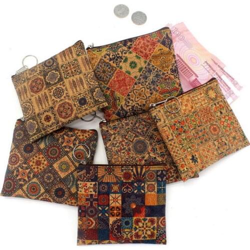 Mini Square Cork Coin Bag 2021 New Portugal Tile Pattern Cork Pouch Key Ring Zipper Sachet Change Purse Coin Case Wholesale