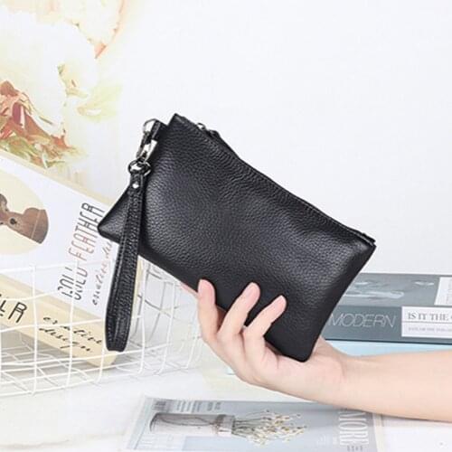 MJ Genuine Leather Women Clutch Wallet High Quality Real Cow Leather Long Wallets Wrist Strap Female Purse Solid Money Phone Bag