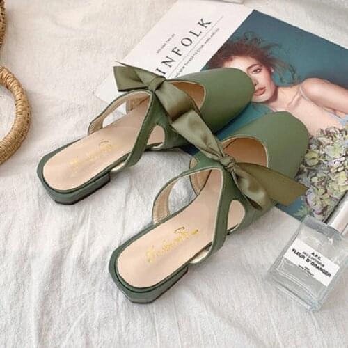 Trendy Elegant Bowknot Pure Color Square Toe Ladies Casual Slippers Summer New Fashion Flat Shoes Outer Wear