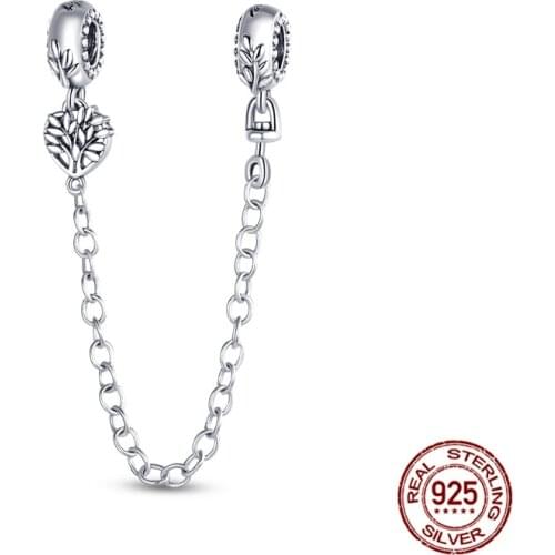 2021 New Silver Charm 925 Sterling Silver Heart Family Tree Safety Chain Charm Beads Fit Original Bracelet Silver 925 Jewelry