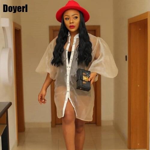 Autumn Women Sexy Mesh Dress Festival Half Sleeve Loose Button Sheer See Through Mini Dress Christmas Night Club Party Dress