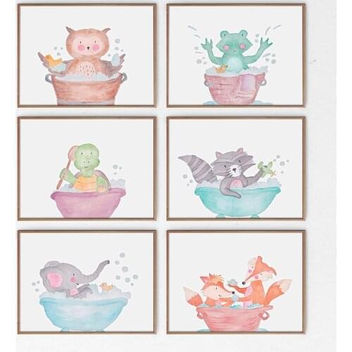 Animal in Bathtub Poster Print Raccoon Foxes Elephant Turtle Canvas Painting Nursery Wall Art Nordic Pictures Kid Room Decor
