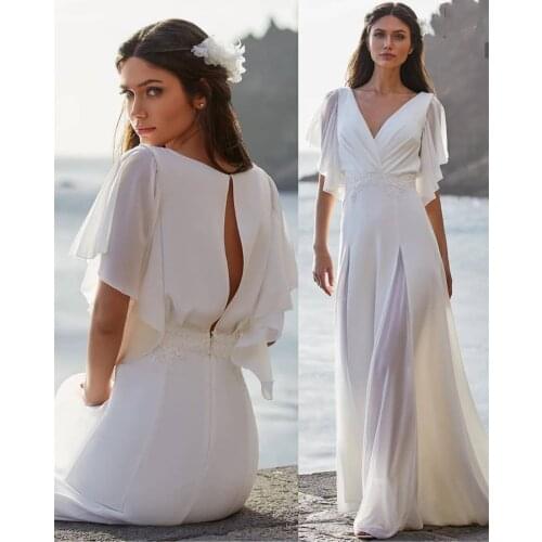 Simple Beach Boho Wedding Dress 2021 Chiffon V-Neck Bohemian Bridal Gown Elegant For Women Lace Appliques Robe De Mariee Cheap