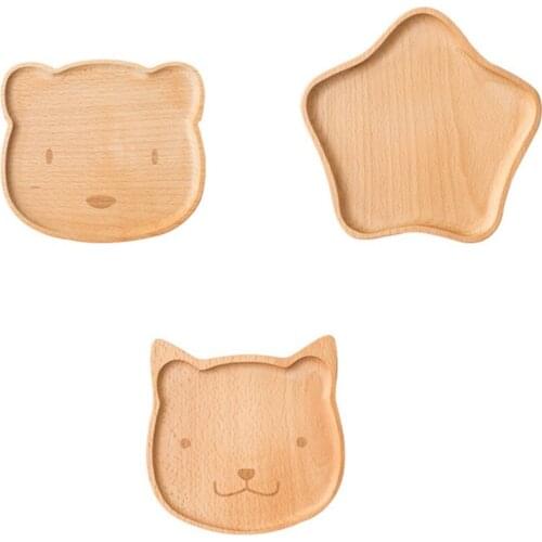 Solid Wood Cute Cartoon Wooden Plate Childrens Wooden Plate Snacks Fruit Plate Beech Plate, 3PCS