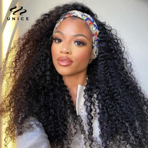 Unice Hair Velvet Headband Wig 8-26Inch Mongolian Kinky Curly Wig 100% Natural Human Hair Glueless Headband Wig