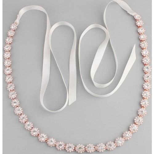 SLBRIDAL Ribbon Rose Gold Rhinestones Crystals Bridal Wedding Headband Headpieces Hair accessories Bridesmaids Fashion Women