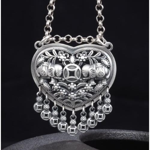 S999 Pure Silver Double Elephant Tassel Pendant Female Retro Ethnic Love Coin Double Ring Hollow Necklace