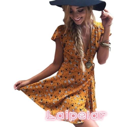 New Sexy Deep V-Neck Mini Party Dress Women Fashion Short Sleeve Floral Beach Summer Dress Plus Size Casual A-Line Vestidos