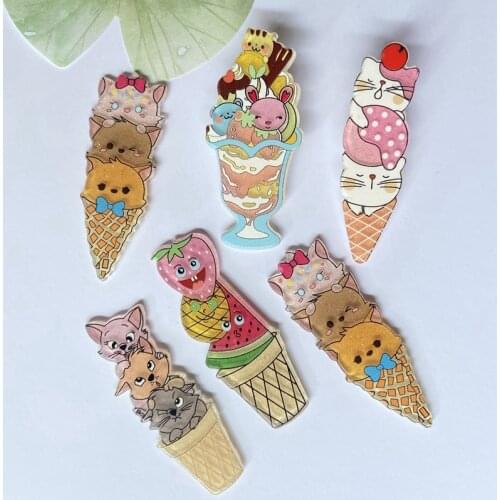 20Pcs/lots 52mm Ice Cream Printed Resin Hair Pin Cover Set Applique Cat Mouse Sundae Figurine DIY Craft Decor Accessory Material