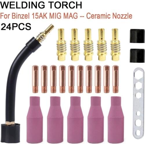24pcs 15AK for Binzel Torch/Gun Consumables Electrode and Shield Cups and Link Rod Tips Goose Neck Bend for MIG Welding Machine