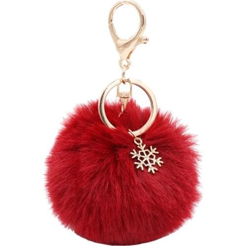 Pom Pom Keychain with Snowflake Pendant Charms Furry Fluffy Plush Ball Keyring A0NF