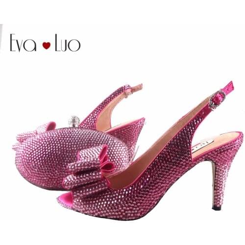 BS859 DHL Custom Made Fuchsia pink Crystal Bow Shoes with Matching Bags Set Slingbacks Dress Pumps Women Bridal wedding Shoes