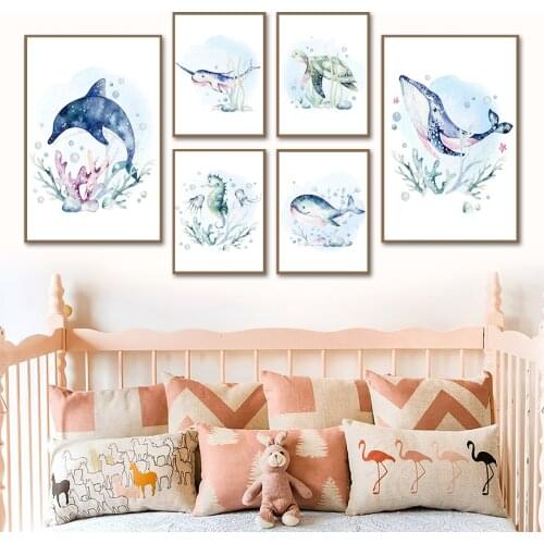Dolphin Whale Seahorse Jellyfish Sea Animal Wall Art Canvas Painting Nordic Posters And Prints Wall Pictures Kids Room Decor