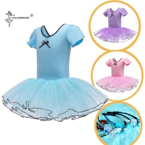 Kids Girl Short Sleeve Cotton TulleTutu Ballet Dance Leotard Dress For Performance Dancewea Clothes With Chiffon Tied Skirt