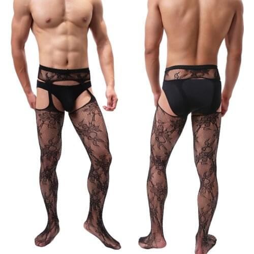 Men Sexy Silk Stockings Patyhose Transparent Ultra-Thin High Bounce Socks Mens Front and Back Hollow Out Mesh Stockings