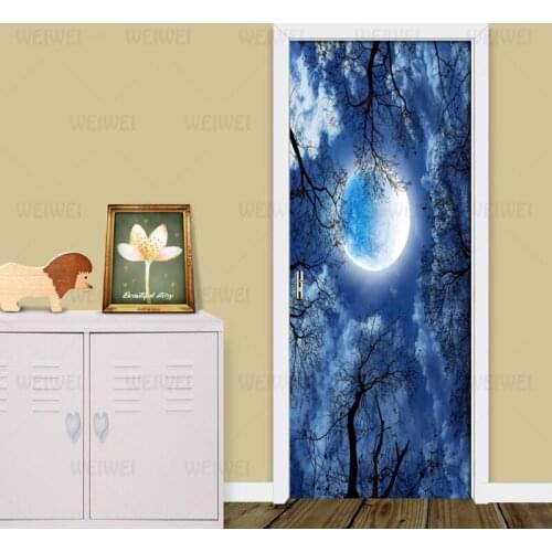 Home Decor 3D Door Sticker Beautiful Moon Sky Forest Wallpaper Living Room Kitchen Waterproof Vinyl Door Mural 3D Wall Sticker
