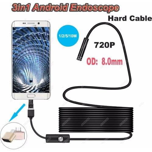 Type-C 720p 8mm Hard Cable Android TypeC USB Endoscope Mini Camera Waterproof Inspection Surveillance Snake Industrial Camera