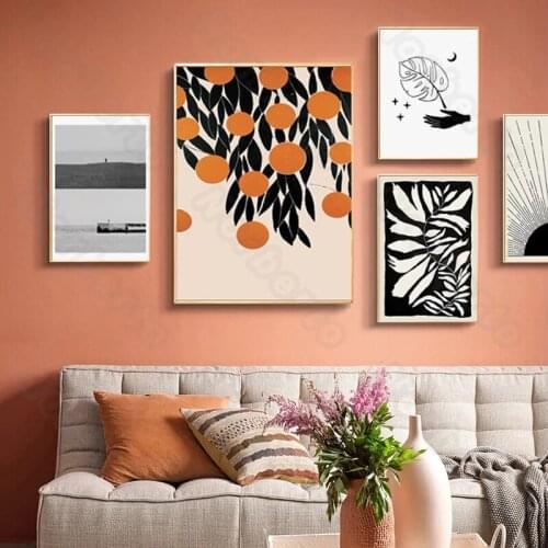Nordic Style Canvas Painting Poster and Print Black and White Lines Flowers Leaves Gray Landscape for Home Rooms Wall Decoratio