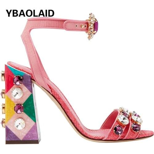 Summer New Pink Sheepskin Word Buckle Rhinestone Gemstone Retro High Heel Sandals Open Toe Rhinestone Heel Buckle High Heels