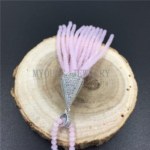 MY0736 Micro Pave CZ Zirconia Cap Glass Beads Tassel Pendant, Inlay Zircon Cap Beads Tassel Necklace Pendant