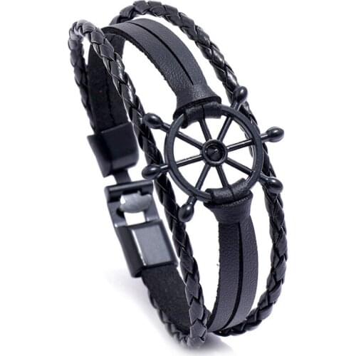 Fashion Punk Men Black Rudder Leather Bracelet Handmade Braided Charm Bangle Wrap Multi-layer Wristbands Casual Vintage Jewelry